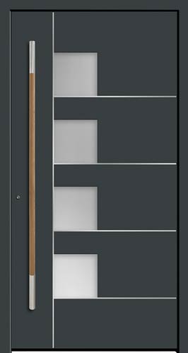 Een moderne zwarte 0eur met zandstraaldesign beglazing Moderne zwarte deur met gezandstraald glas