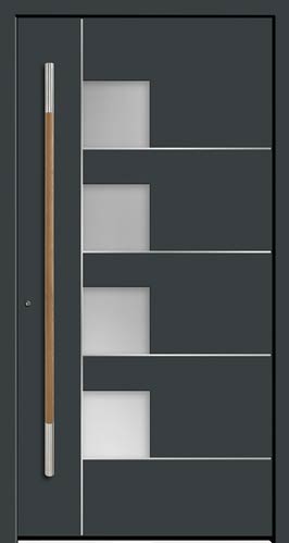 Moderne zwarte deur met gezandstraald glas